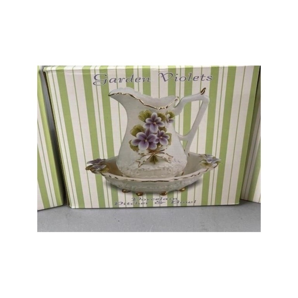 Garden Violets Porcelain Pitcher Bowl Set Floral Purple White Gold‎ Trim New